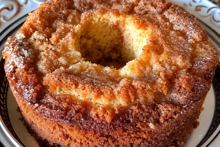 Yellow cake mix and dry vanilla pudding baked with a cinnamon sugar layer through the middle, then topped with more cinnamon sugar while hot so it melts into a crunchy shell as it cools. One bowl, one pan.
