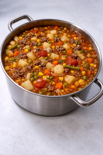 Rich, tomatoey broth with fall-apart beef and tender vegetables — budget-friendly and freezer-perfect.