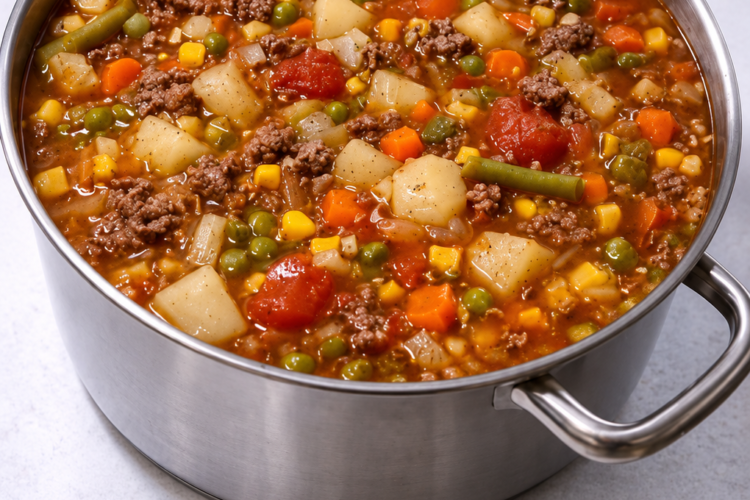 Rich, tomatoey broth with fall-apart beef and tender vegetables — budget-friendly and freezer-perfect.