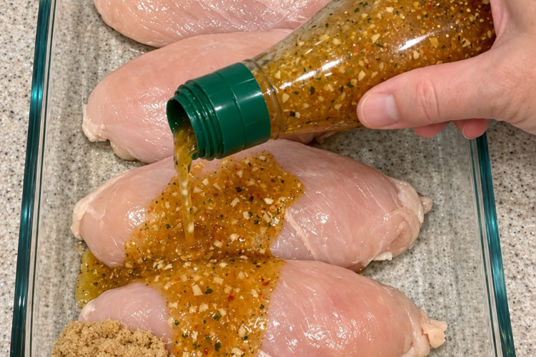 Pour zesty Italian dressing over raw whole chicken breasts in the glass casserole dish with 2 other ingredients and your family will beg for more