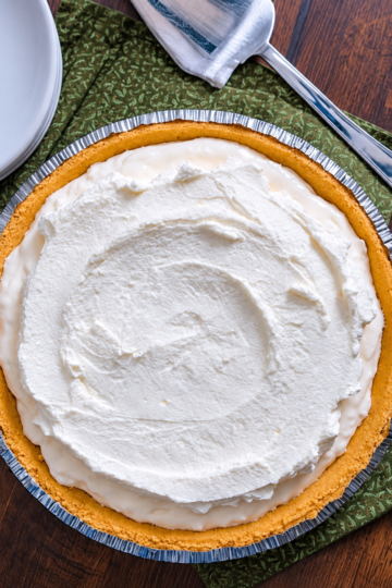 No-bake creamy white chocolate pie on a buttery graham cracker crust.