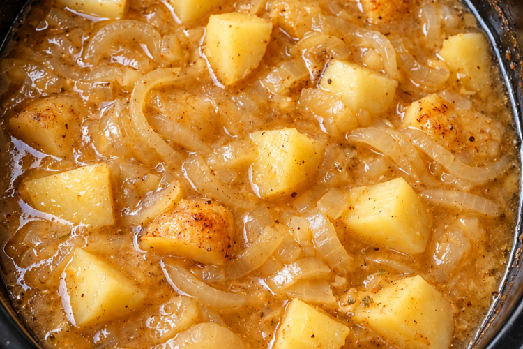 Tender chunks of potatoes and sliced onions simmering in a savory, golden-brown gravy in a black slow cooker, creating a hearty, comforting side dish with a rich, flavorful sauce.