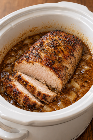 Alt text: Juicy slow-cooked pork roast with a golden-brown, herb-seasoned crust, sliced to reveal tender meat, surrounded by rich brown gravy and soft onions in a white slow cooker.