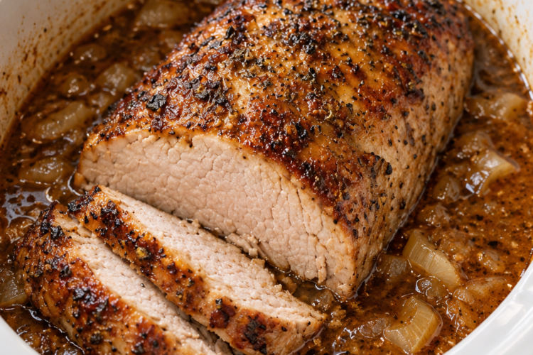 Alt text: Juicy slow-cooked pork roast with a golden-brown, herb-seasoned crust, sliced to reveal tender meat, surrounded by rich brown gravy and soft onions in a white slow cooker.