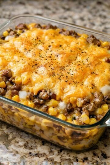 A hearty ground beef and potato casserole layered with tender potatoes, savory seasoned beef, sweet corn, and vegetables, all covered in a generous layer of melted, golden cheddar cheese and cracked black pepper.