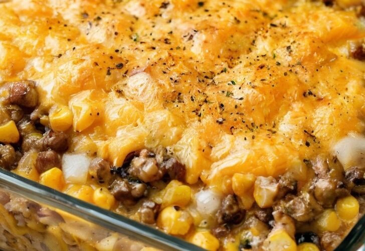 A hearty ground beef and potato casserole layered with tender potatoes, savory seasoned beef, sweet corn, and vegetables, all covered in a generous layer of melted, golden cheddar cheese and cracked black pepper.