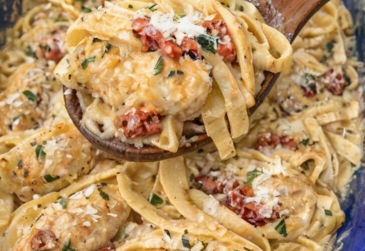 Creamy Tuscan-style chicken pasta with tender chicken, fettuccine, sun-dried tomatoes, Parmesan, and fresh herbs tossed in a rich, velvety garlic cream sauce.