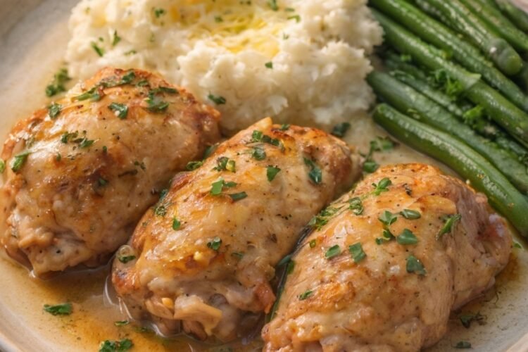 Golden-brown stuffed chicken breasts served with creamy mashed potatoes and tender green beans, all drizzled with a savory pan sauce and finished with fresh chopped herbs.