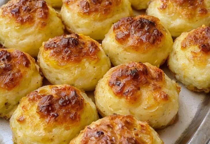 Golden-brown cheesy potato balls with crisp, caramelized tops and a soft, fluffy potato center, beautifully arranged on a decorative serving platter.