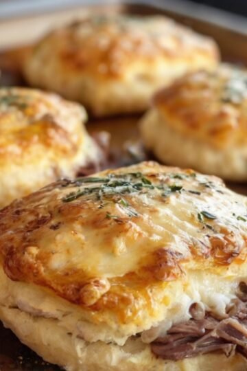 Golden, flaky biscuits stuffed with tender shredded beef and gooey melted cheese, baked until beautifully browned and finished with a sprinkle of fresh herbs
