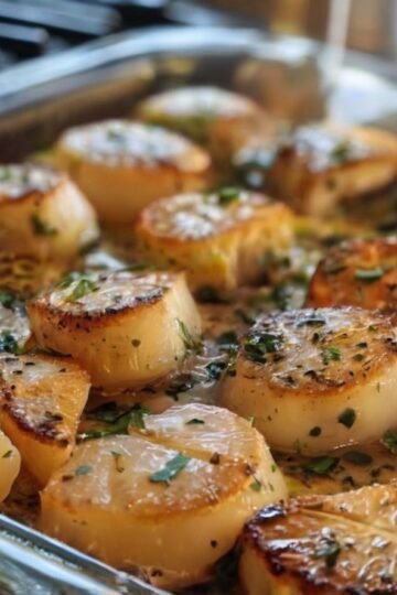 Golden-browned baked scallops seasoned with herbs and black pepper, resting in a rich buttery pan sauce and finished with a lightly caramelized crust
