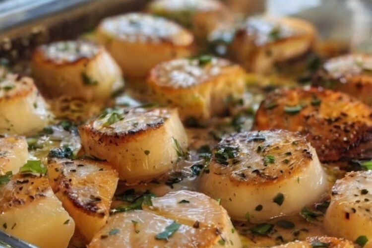 Golden-browned baked scallops seasoned with herbs and black pepper, resting in a rich buttery pan sauce and finished with a lightly caramelized crust