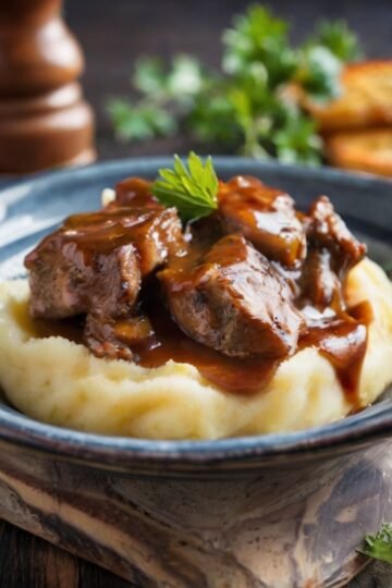 Tender beef tips smothered in rich brown gravy and served over creamy mashed potatoes, garnished with fresh parsley for a comforting homestyle meal.