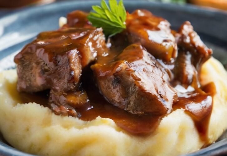 Tender beef tips smothered in rich brown gravy and served over creamy mashed potatoes, garnished with fresh parsley for a comforting homestyle meal.