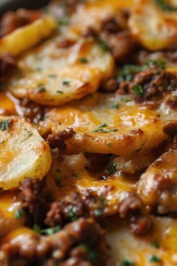 A comforting cheesy ground beef and potato casserole with tender golden potato slices, savory seasoned beef, and melted cheddar cheese, baked until bubbly and garnished with fresh herbs