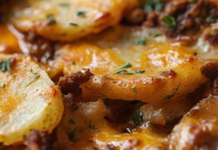 A comforting cheesy ground beef and potato casserole with tender golden potato slices, savory seasoned beef, and melted cheddar cheese, baked until bubbly and garnished with fresh herbs