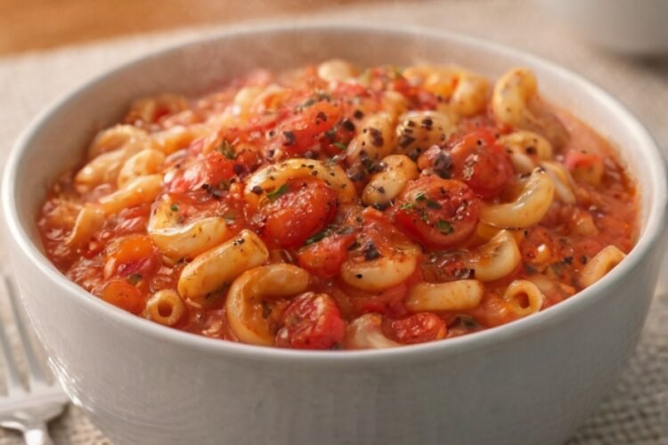 A comforting bowl of elbow macaroni tossed in a rich, chunky tomato sauce, topped with cracked black pepper and served piping hot for a simple, hearty homemade meal.