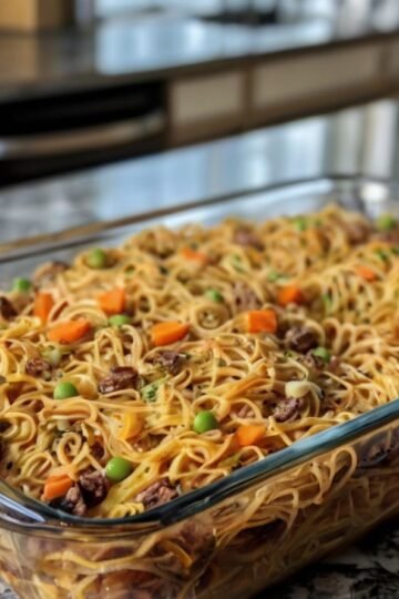 A hearty baked spaghetti casserole loaded with tender noodles, seasoned ground beef, peas, and diced carrots, all tossed in a savory sauce and baked together for a comforting family-style meal.