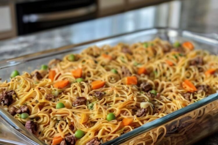 A hearty baked spaghetti casserole loaded with tender noodles, seasoned ground beef, peas, and diced carrots, all tossed in a savory sauce and baked together for a comforting family-style meal.