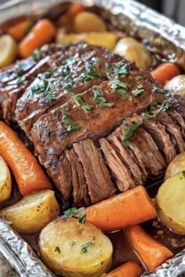 A tender, slow-roasted beef pot roast glazed in rich brown gravy, surrounded by golden baby potatoes and sweet carrots, and garnished with fresh parsley for a classic, comforting family dinner.
