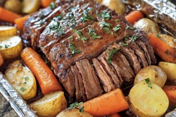 A tender, slow-roasted beef pot roast glazed in rich brown gravy, surrounded by golden baby potatoes and sweet carrots, and garnished with fresh parsley for a classic, comforting family dinner.