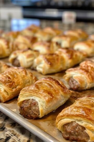 Golden, flaky sausage rolls filled with savory breakfast sausage, baked until beautifully puffed and crisp with rich buttery layers and a deliciously browned crust.